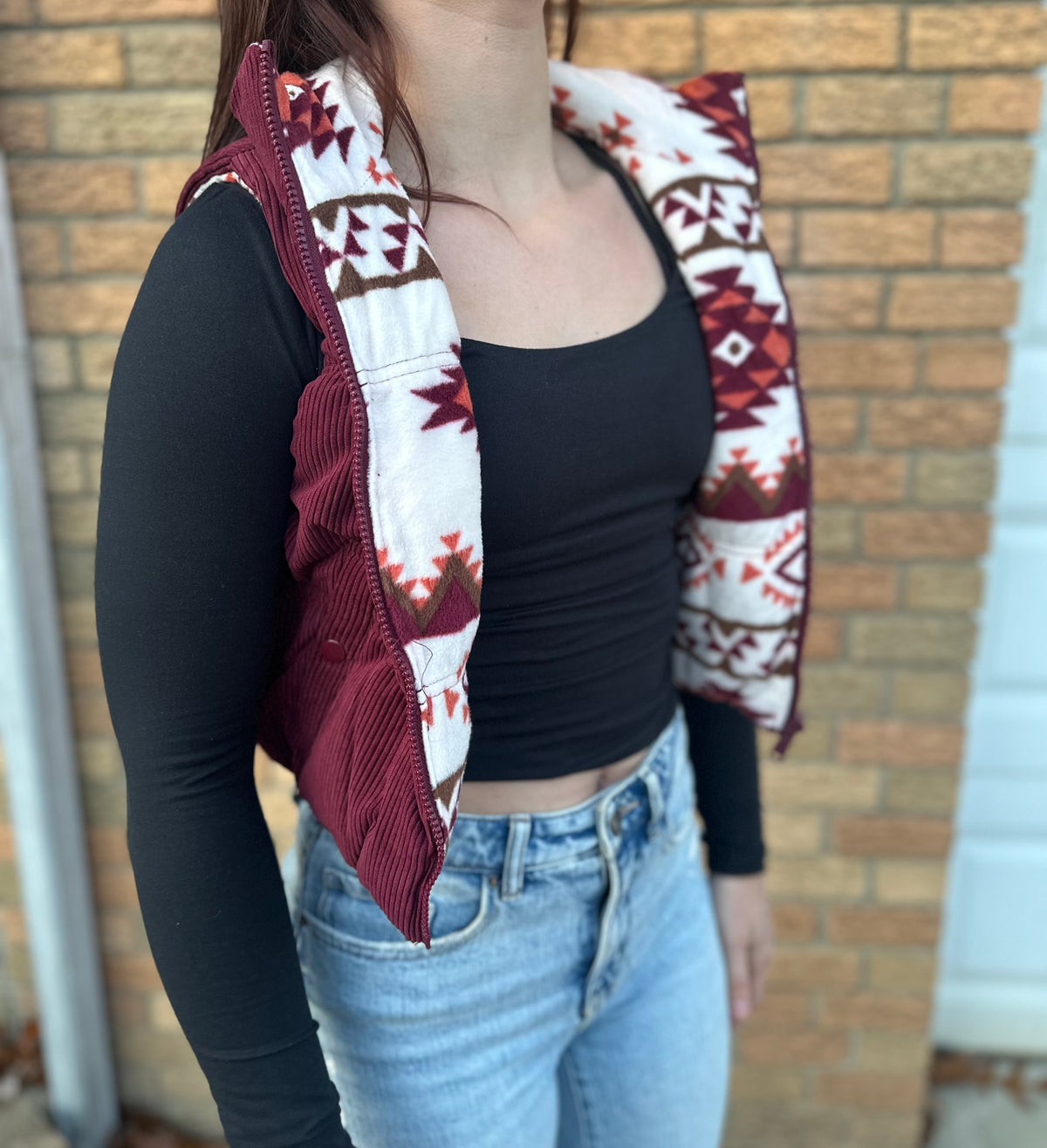 Reversible Corduroy and Aztec Print Puffer Vest