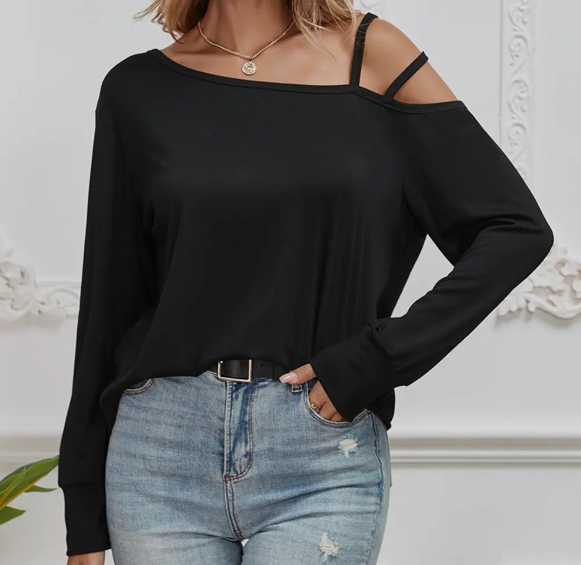 Black One Shoulder long sleeve Blouse